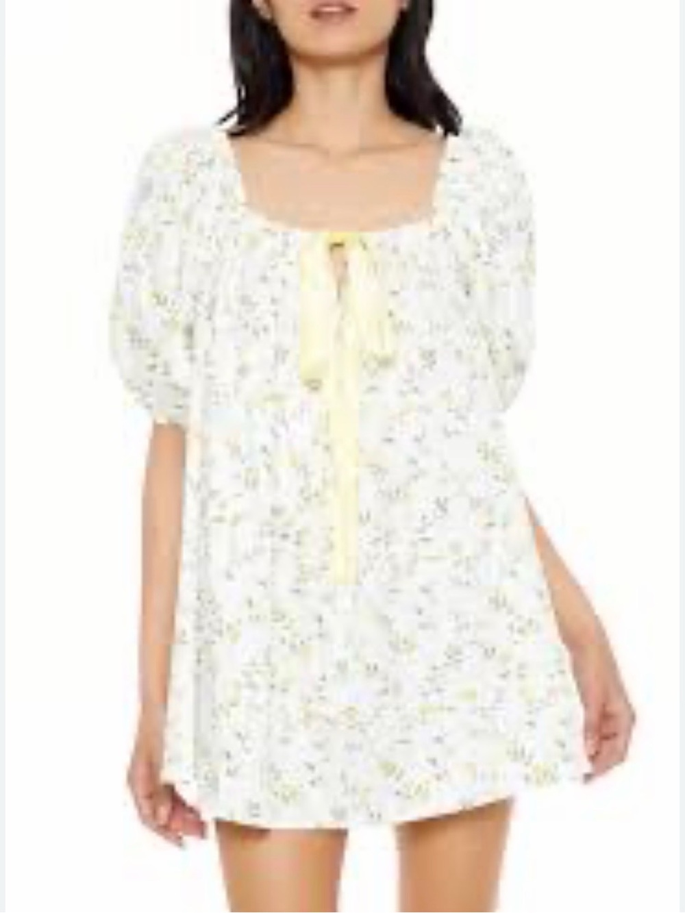 BNWOT Forever 21 White Babydoll Dress with Yellow Ribbon and Floral Print